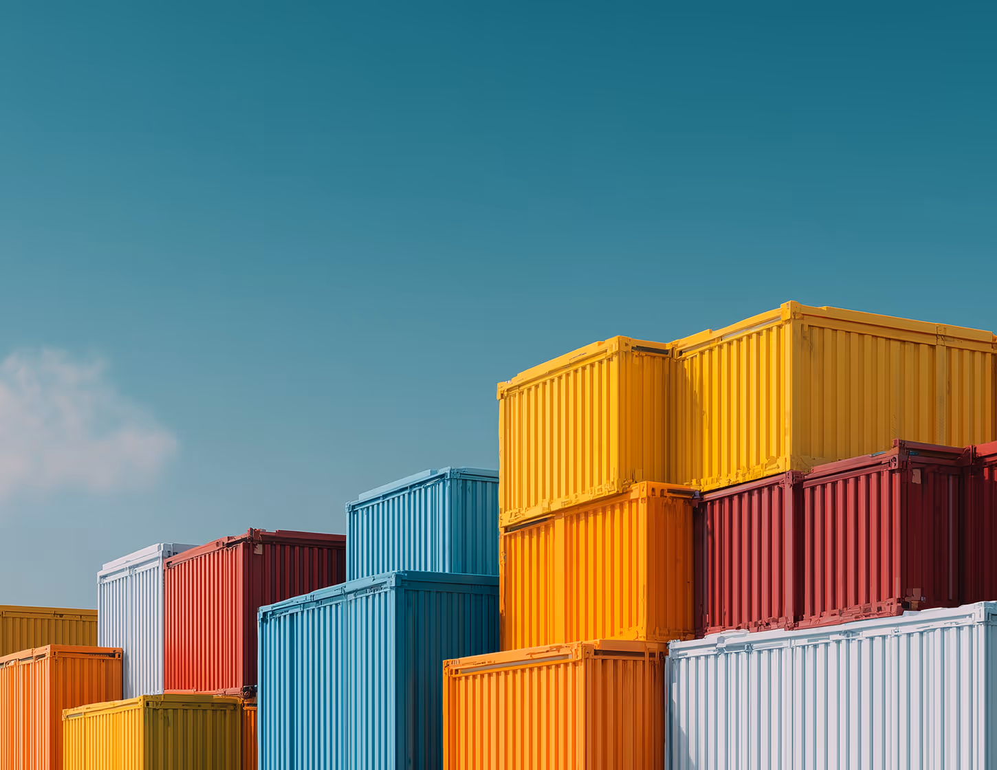 Colourful stacked shipping containers against a clear blue sky