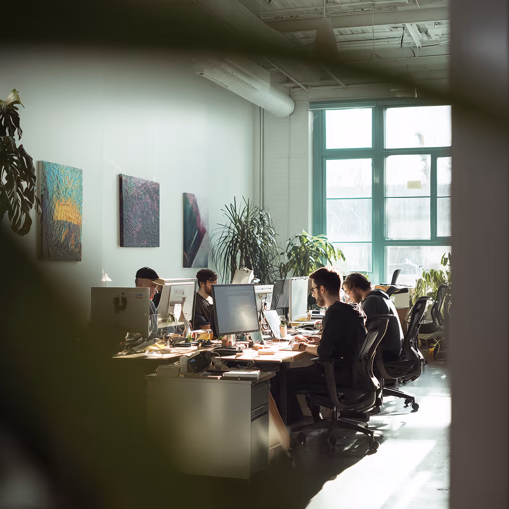 Open-plan office with staff working at desks beside large windows